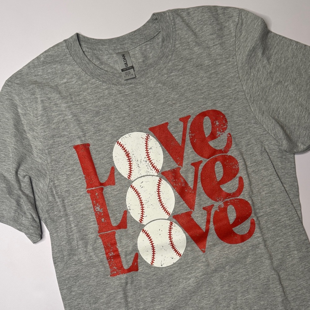 Gray T-Shirt with Red and White Love Baseball Design NWOT